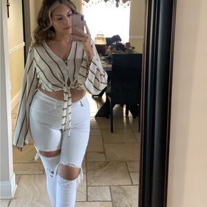 Forever 21 White Crop Top with Brown Stripes - Tie Front